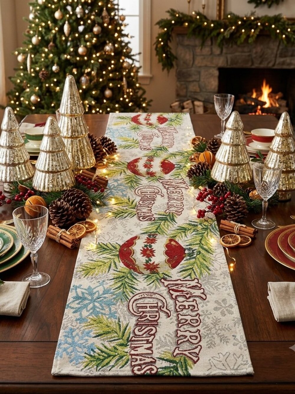 Merry Christmas Tapestry Table Runner - Red Poinsettia Ornaments Shimmer 67x13